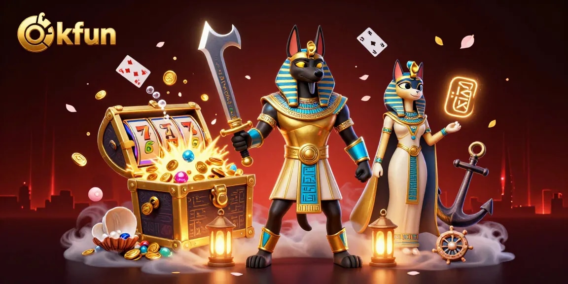 Experience thrilling gaming adventures with okfun, featuring Anubis guarding treasures in a vibrant casino scene.