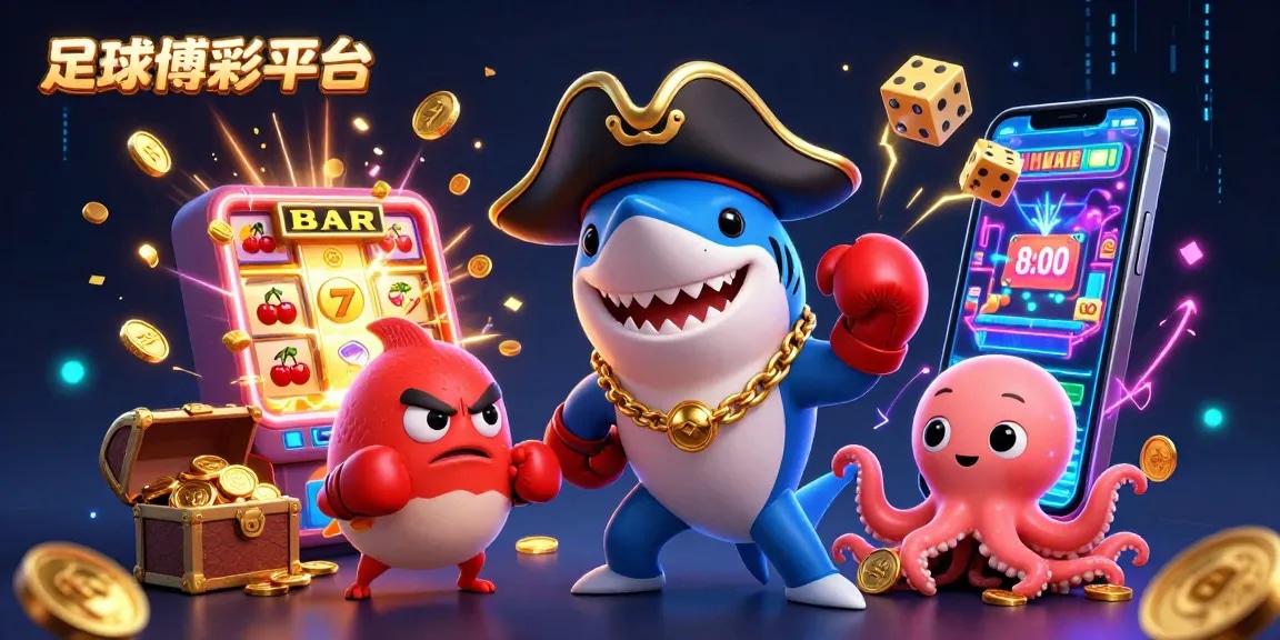 在足球博彩平台中體驗刺激的3D插圖，海盜鯊魚與其他角色共同參與多樣化的賭博遊戲。