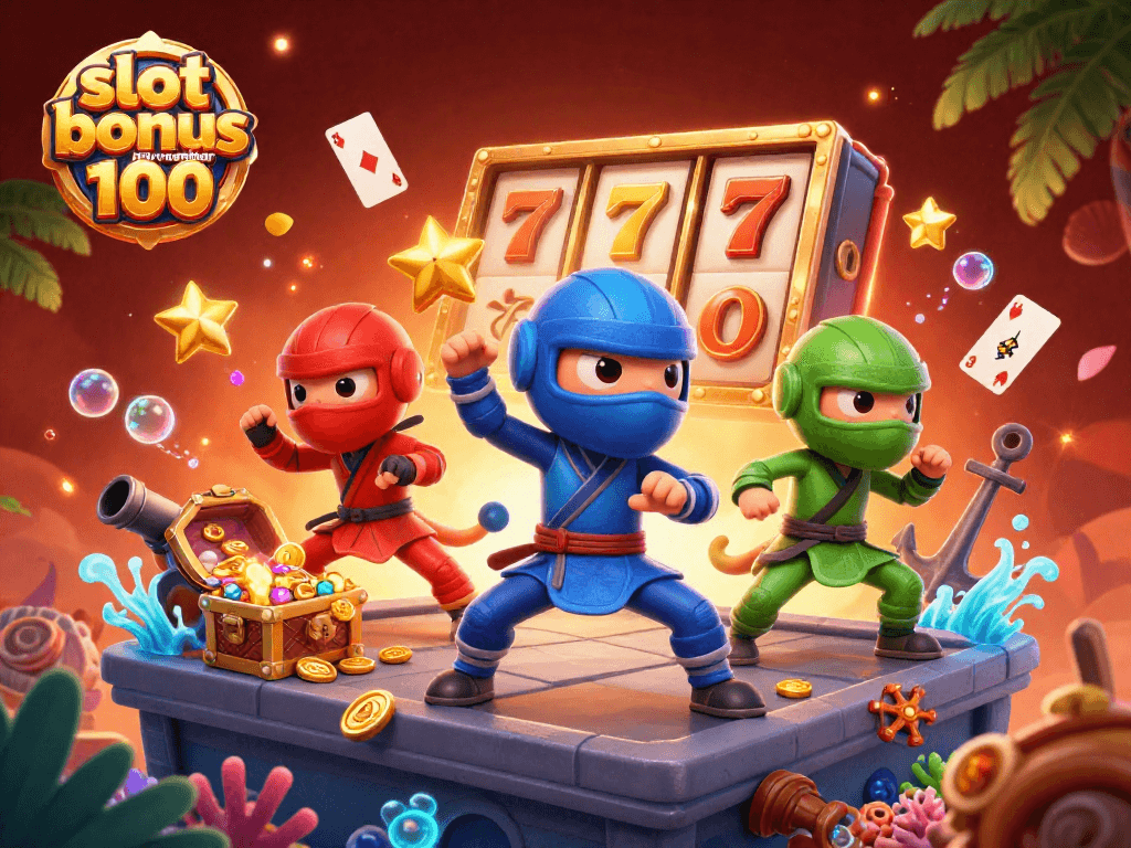 Experience exciting gameplay with slot bonus new member 100 in a vibrant 3D illustration of chameleon ninjas.