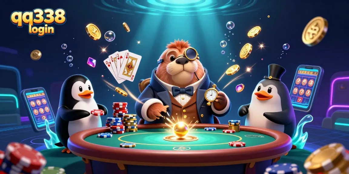 Playtop with qq338 login featuring cartoon walrus, penguin dealer, and pufferfish with gems.