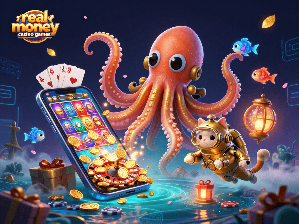 Experience excitement with real money casino games, featuring a colossal kraken and vibrant diving cat!