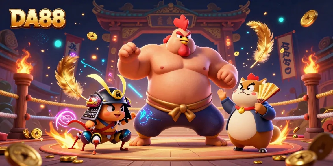 Experience thrilling battles at DA88 featuring a sumo rooster, fighting cricket, and tanuki announcer amidst swirling gold coins and sparks.