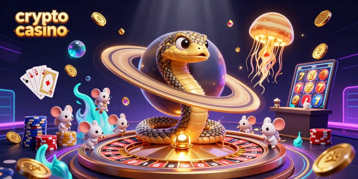 Casino crypto illustrant des souris astronautes pariant sur des segments de l'anneau de Saturne