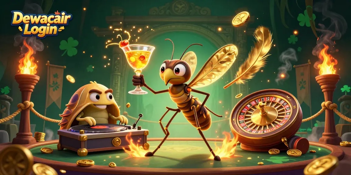 Dewacair Login visualization featuring an animated mosquito mascot, trilobite DJ, and golden roulette wheel ambiance.