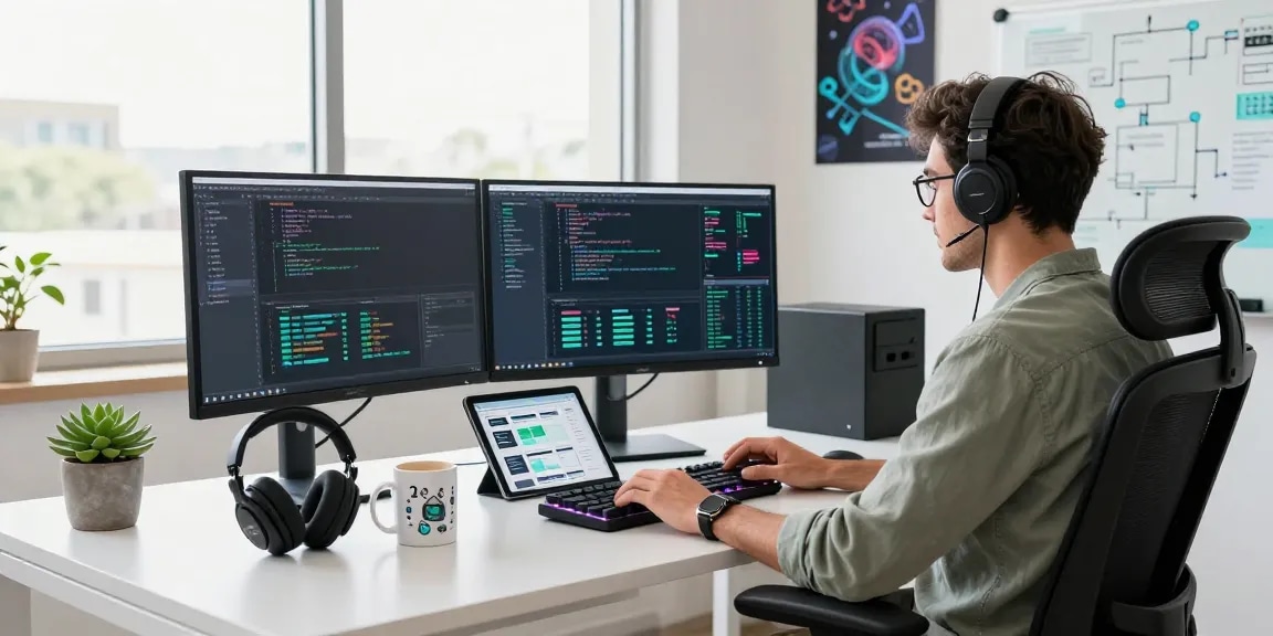 Developer analyzing LLG Link index data on multiple monitors in a modern tech workspace.