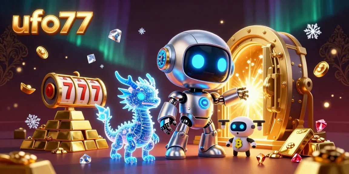 Experience the excitement of ufo77 with a dynamic 3D casino scene featuring robot and dragon companions among jackpots.