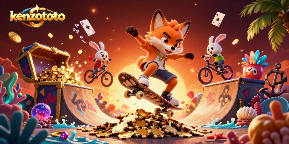 Kenzototo offers dynamic gaming with a skateboarder fox and BMX rabbit in a vibrant casino scene full of action.