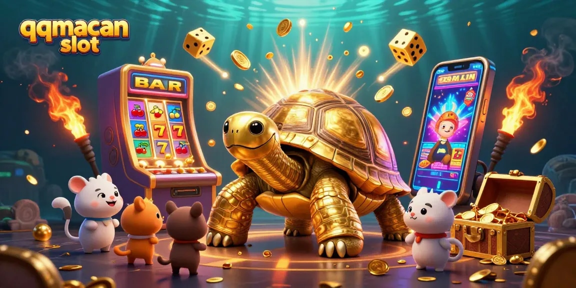 Play exciting qqmacan slot with vibrant lucky symbols and golden rewards in a dynamic casino scene.