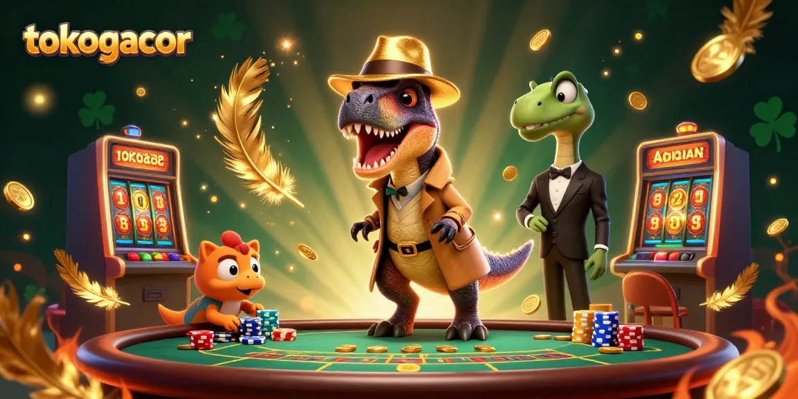 tokogacor memamerkan aksi slot online dengan karakter dinosaurus di kasino yang ramai