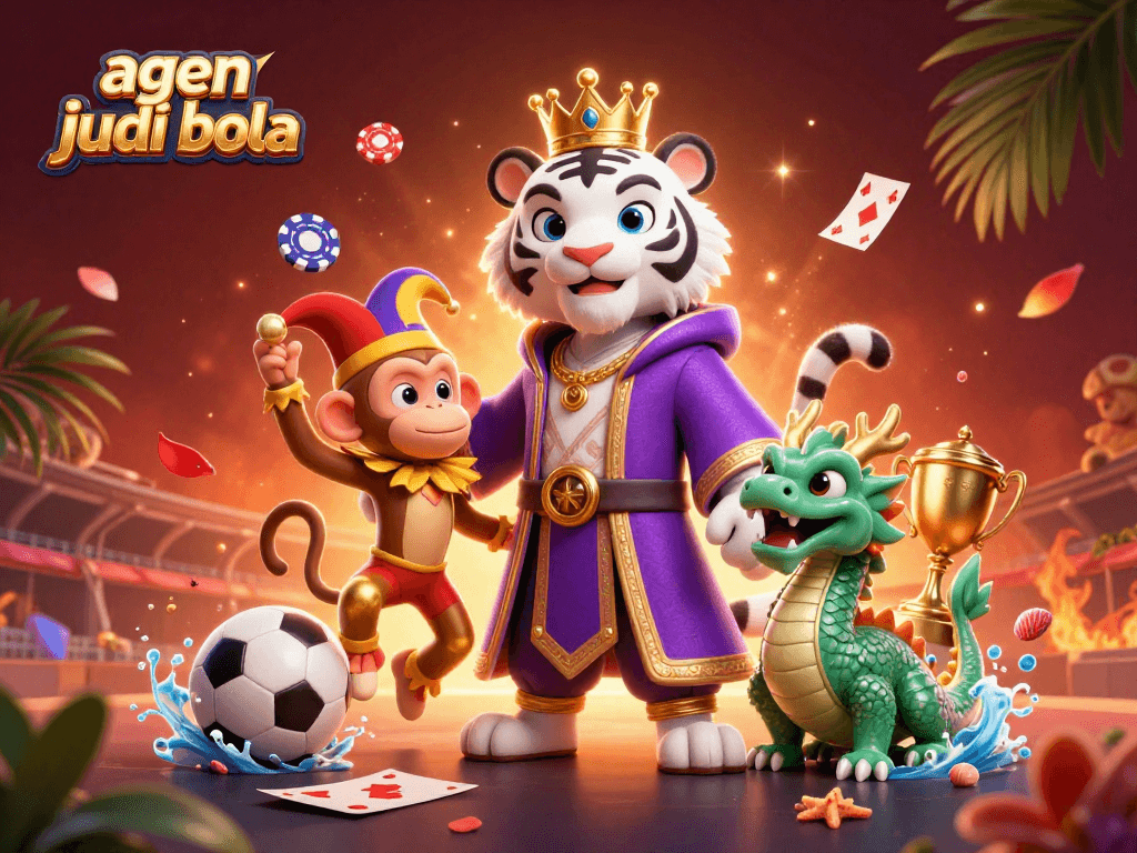 Bettors engage with agen judi bola in a vibrant, animated 3D sports betting scene filled with excitement.