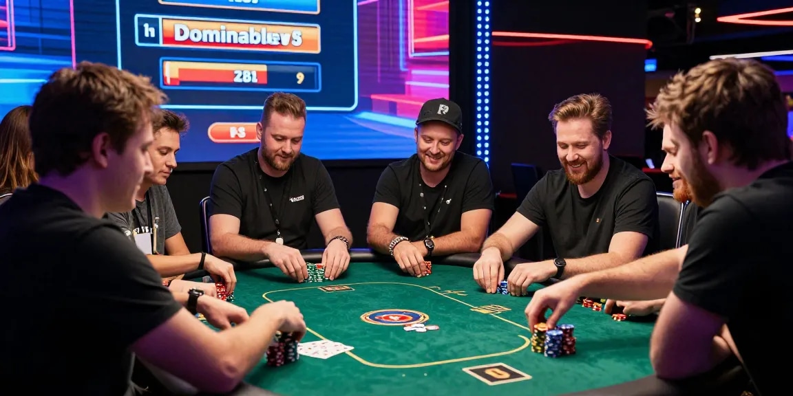 Link Login Dominobet scene showing gamers enjoying an exciting poker game with vibrant casino ambiance.
