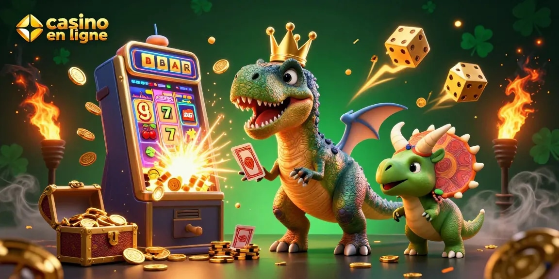 Jouez sur un casino en ligne avec un T-Rex ludique et ses amis dans une scène colorée et dynamique.