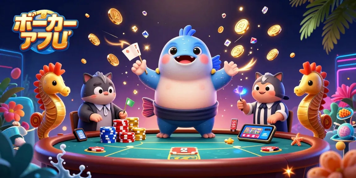 ポーカーアプリのプロモーションイラストで、キャラクターが共演しポーカーを楽しむシーン