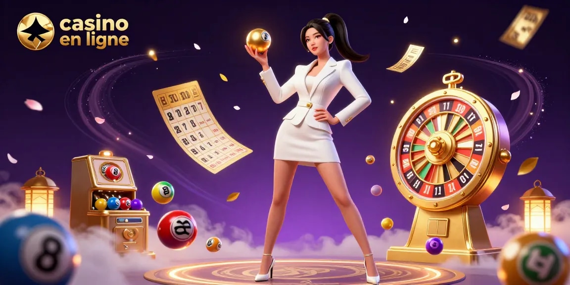 Célébration de l'excitation du casino en ligne avec une femme asiatique photoréaliste tenant une boule de roulette dorée entourée d'éléments colorés.