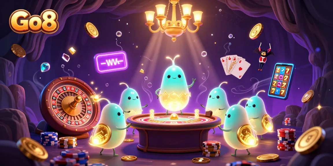 Experience Go8's casino excitement with glowing characters lighting the way amidst cascading winnings.
