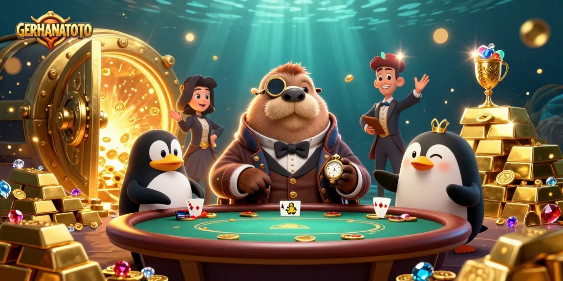 Permainan GERHANATOTO terhampar di meja poker bawah laut dengan karakter lucu yang unik.