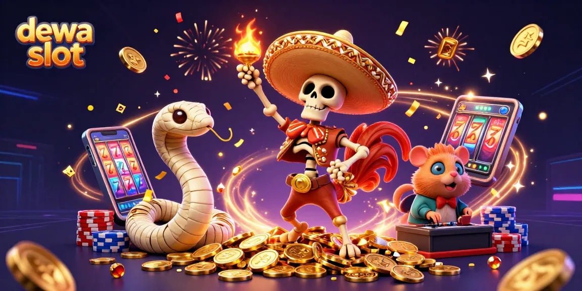 Experience the vibrant energy of dewa slot with lively characters dancing amidst cascading coins, showcasing the casino excitement.
