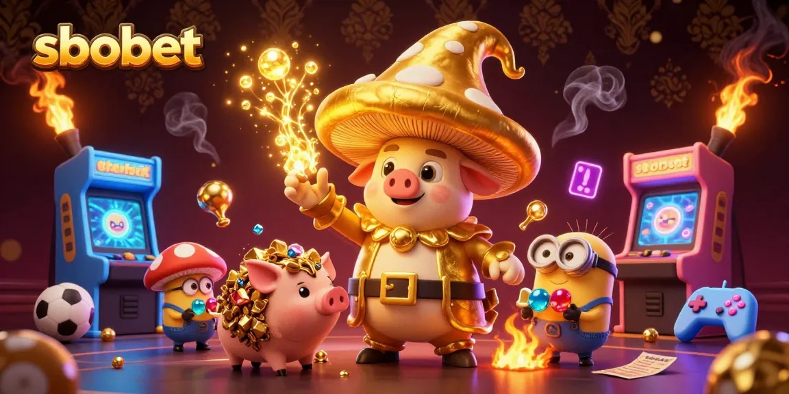 SboBet's golden wizard character channels luck with sports elements in a rich, dynamic scene.