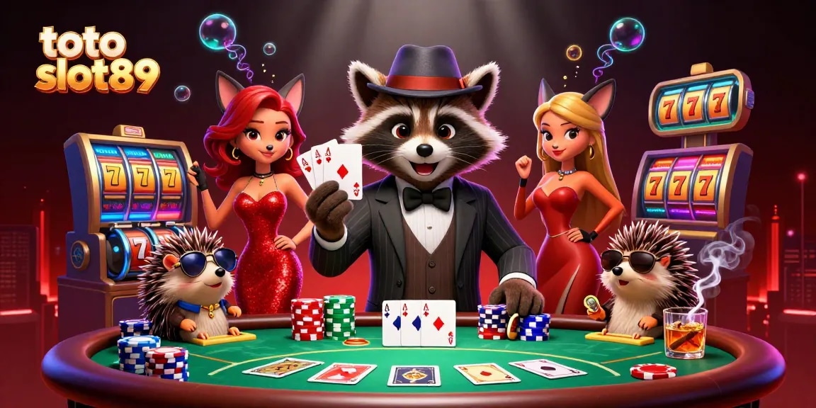 Experience thrilling gameplay with toto slot89 featuring a suave raccoon and stylish fox in a lavish casino scene.