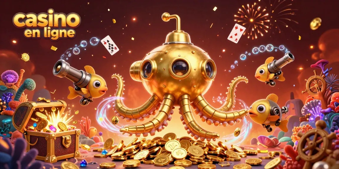 Vivez l'excitation du casino en ligne avec notre illustration animée de jeux sous-marins en or.