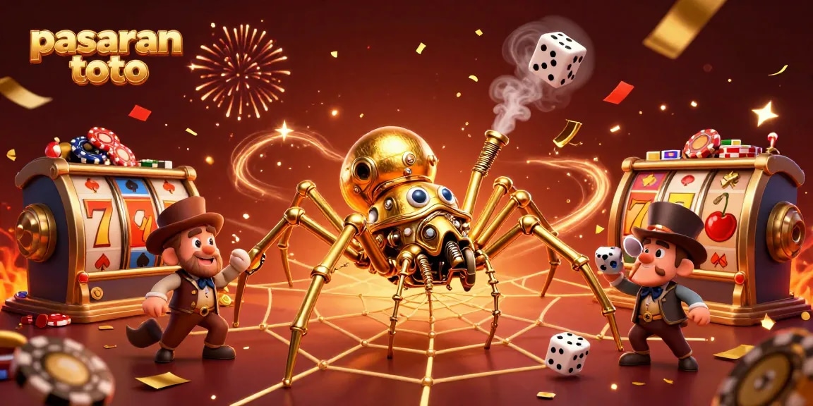 Experience pasaran toto through an exciting scene of a golden spider capturing dice with festive casino elements.