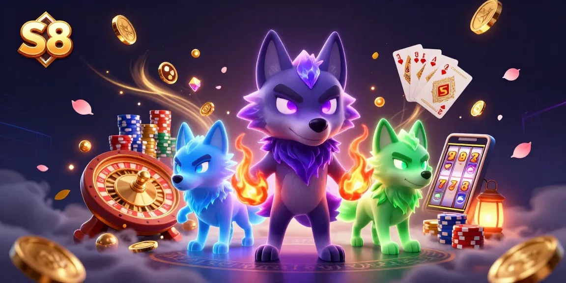 S8 players bet with thrilling casino elements like glowing wolves, coins, and roulette.