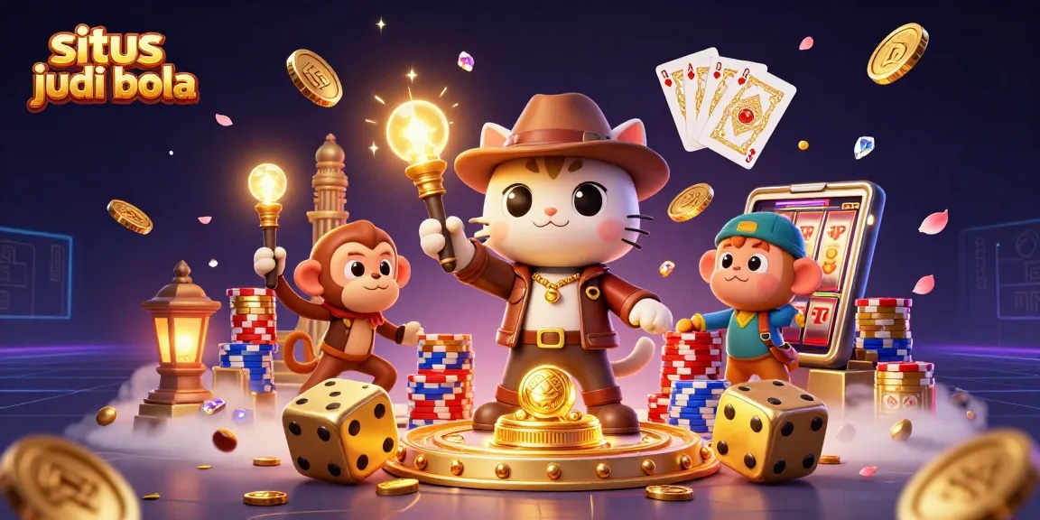 Engage in situs judi bola with a cat archaeologist discovering treasures in an exciting casino scene.