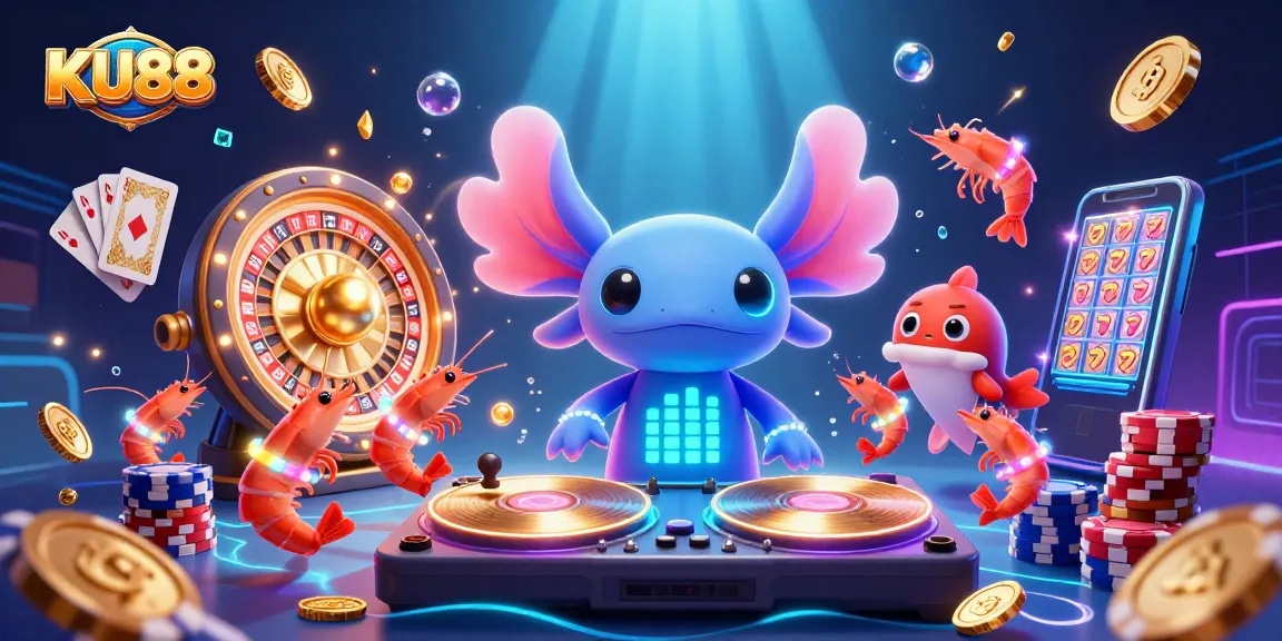 Spin to win at KU88 with a vibrant underwater casino scene featuring energetic characters and sparkling game elements.