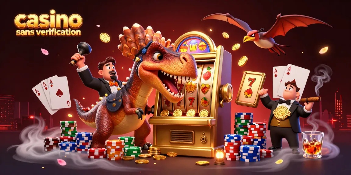 Casino sans vérification : Animaux préhistoriques s'affrontant pour des jackpots et des jetons colorés.