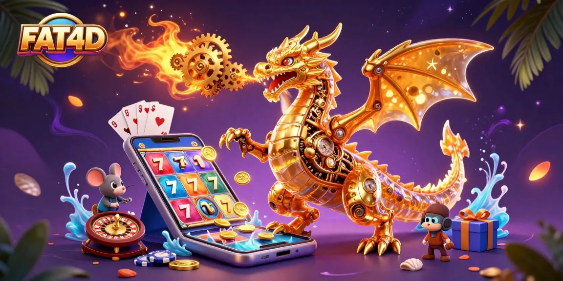 Engage with FAT4D's vibrant casino world featuring an intricate golden dragon, slot games, and rich visuals.