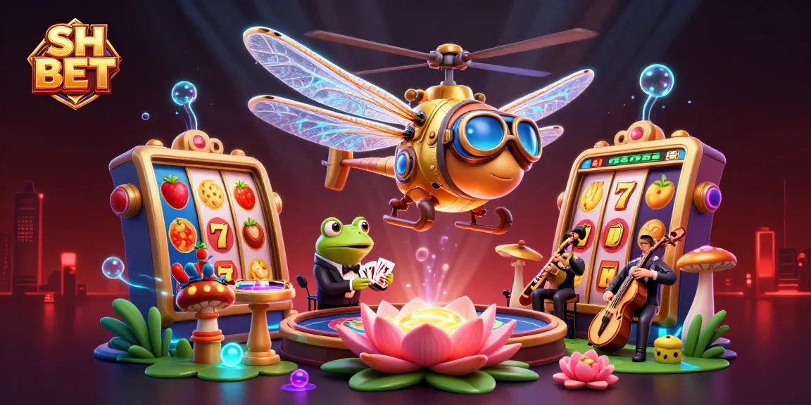 Experience the thrill of winning with SH BET at an animated casino scene featuring a unique dragonfly pilot and vibrant game elements.