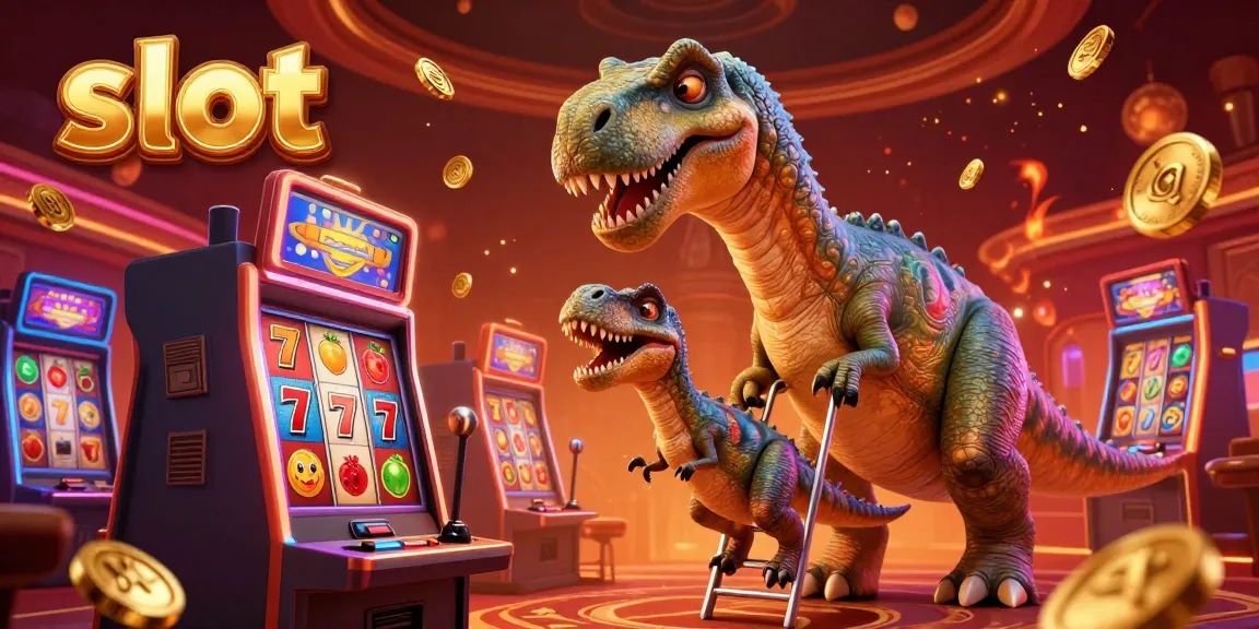 Slot yang menarik menggambarkan brontosaurus tinggi dan raptor di dunia kasino yang memukau.