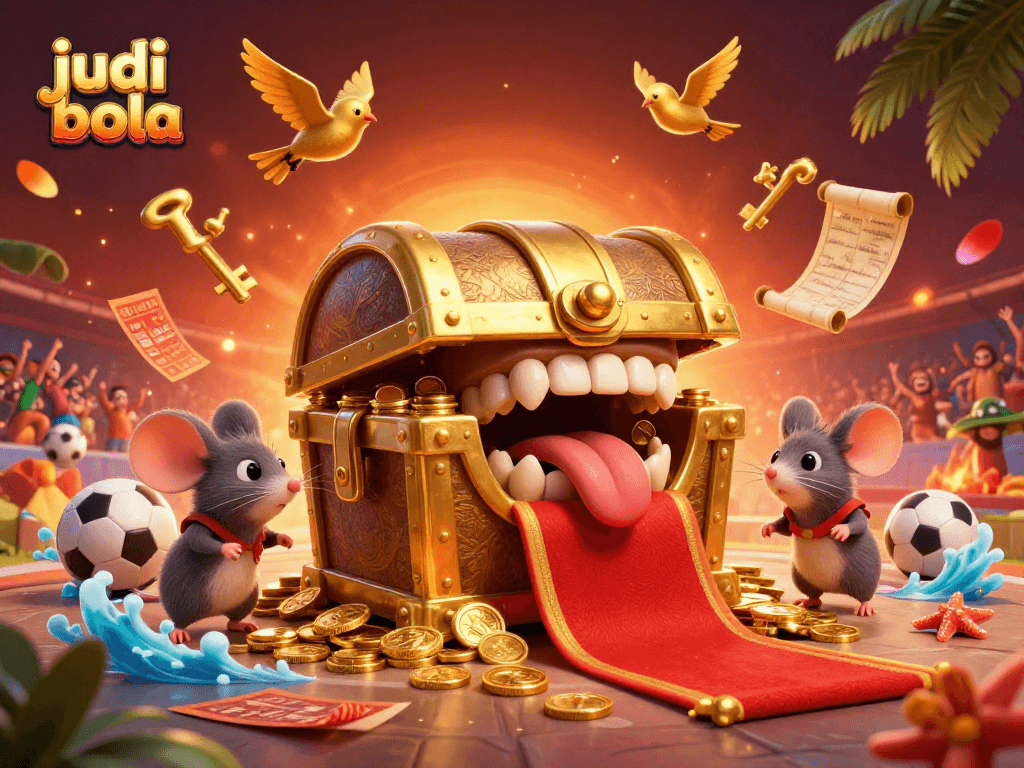 Experience exciting judi bola action with a vibrant sports betting scene filled with gold coins and fanfare.