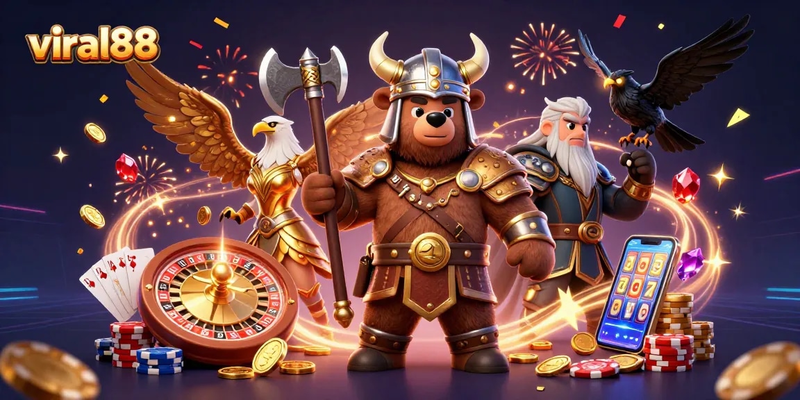 Spin and win at viral88 with a vibrant casino scene featuring Viking characters and gaming elements.