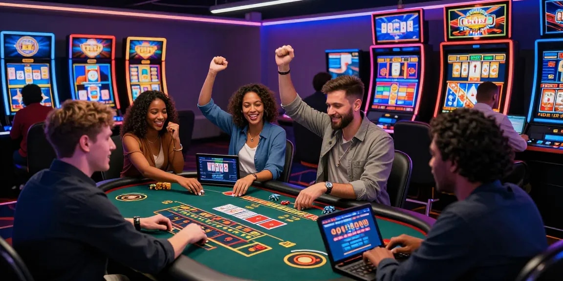 Expérience de jeu passionnante dans un casino en ligne avec des joueurs divers à des tables de casino numériques vibrantes.