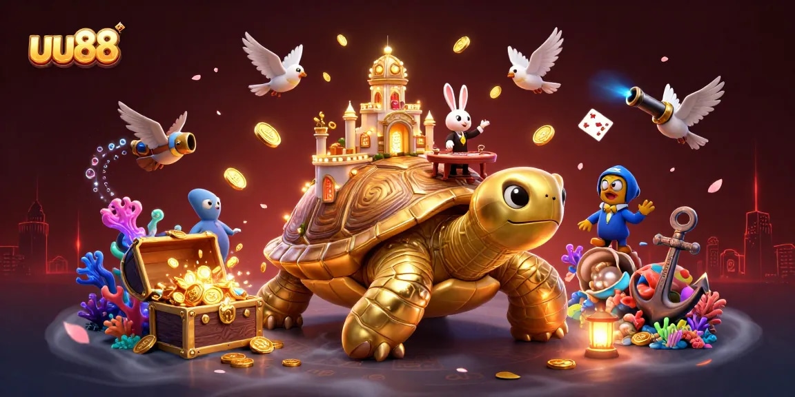 Experience uu88's thrilling world of gambling with a colorful casino scene featuring playful characters.