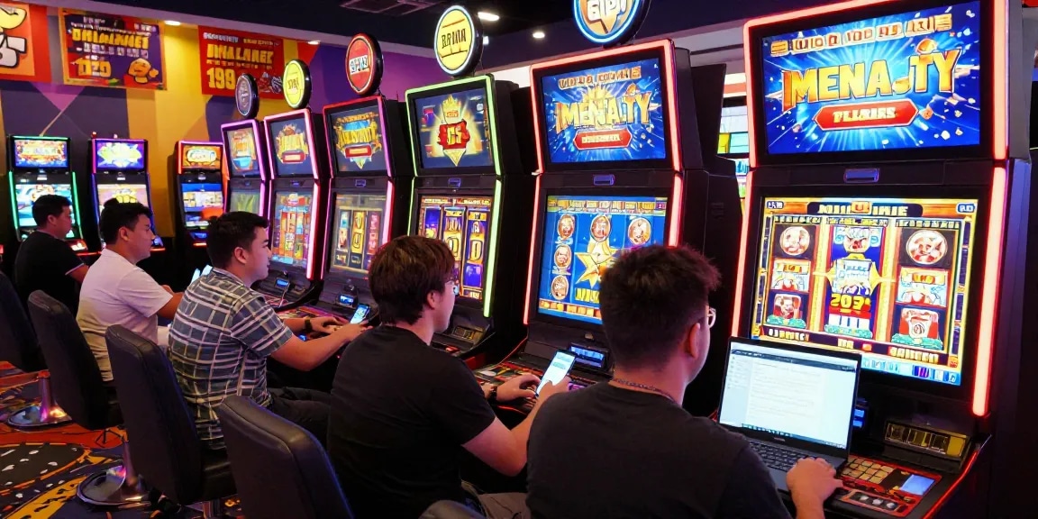 Exciting slot deposit 5k gaming scene with diverse players celebrating wins in a vibrant online casino.