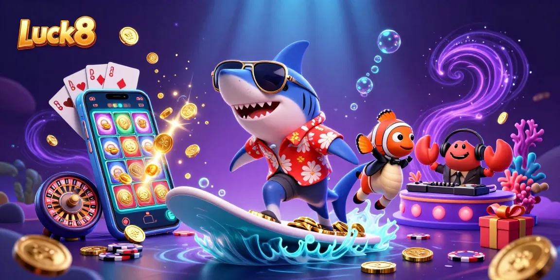 Experience the excitement of Luck8 with a vibrant 3D casino underwater scene, featuring a shark and game elements.