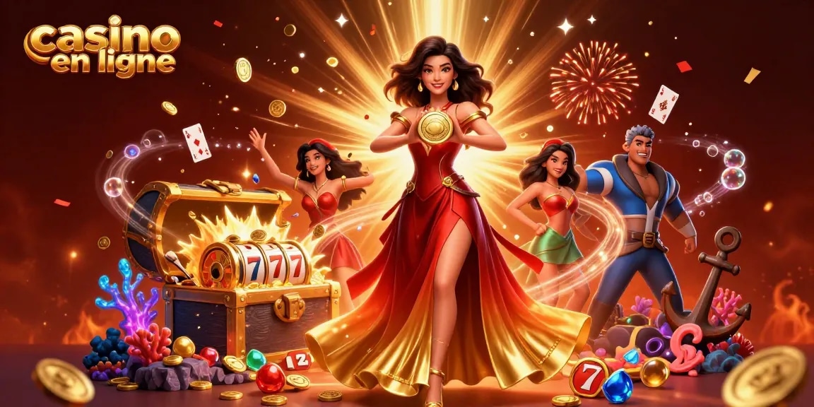 Vivez l'excitation du casino en ligne avec une illustration époustouflante d'une femme glamour et des éléments de machines à sous vibrants.