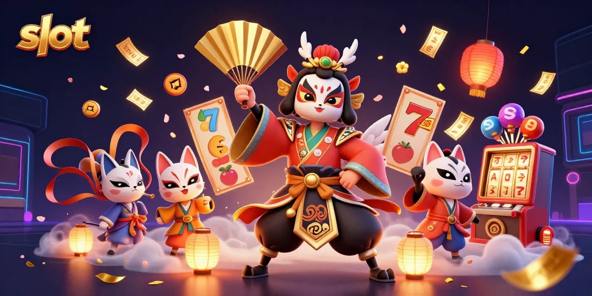 Spin colorful slot reels surrounded by animated kabuki characters and vibrant casino elements