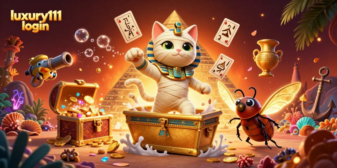 Experience luxury111 login with the Egyptian mummy cat gameplay in a vibrant casino setting.
