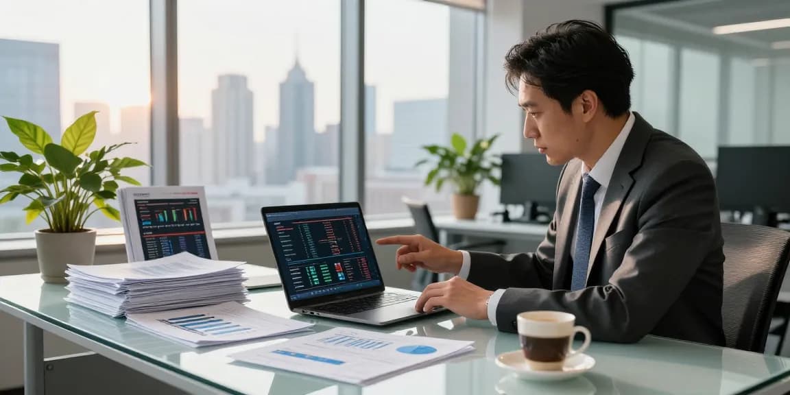 Investor analyzing defense stocks on 5starsstocks.com defense with reports and charts in modern office.