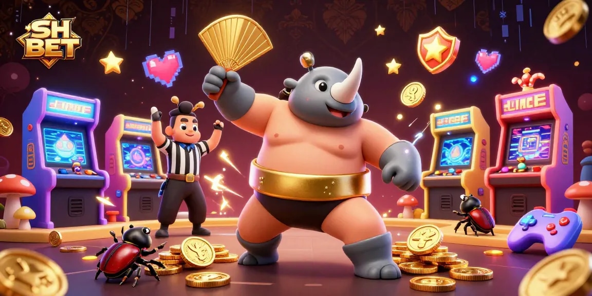 Experience the thrill of SH BET with a vibrant, action-packed casino scene featuring a rhinoceros beetle champion.