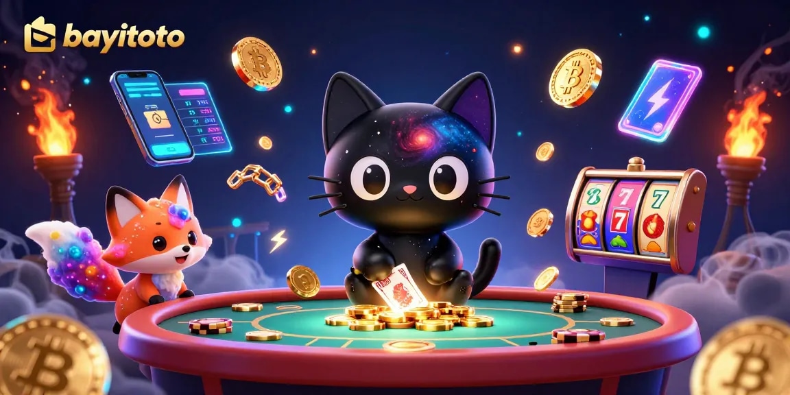 Experience bayitoto's energetic casino scene with vibrant characters, golden chips, and slot elements.