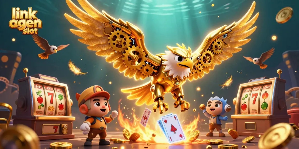 Engage with link agen slot featuring a 3D golden eagle amid vibrant slot game elements.