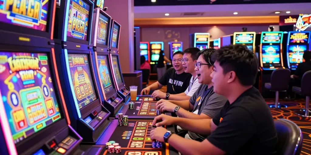 Engaging slot gacor gaming scene with players enjoying vibrant machines in a lively casino.