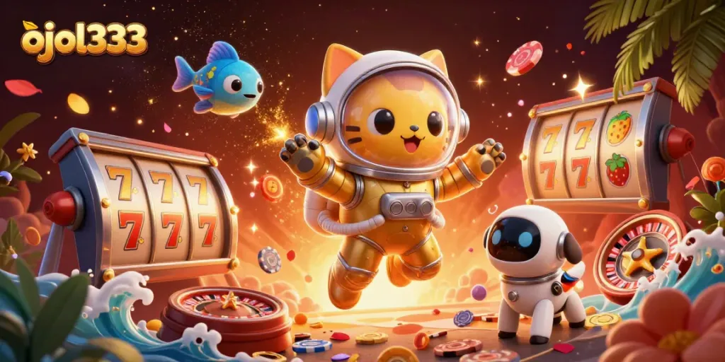Experience the thrill of ojol333 with a vibrant 3D casino illustration featuring slots, roulette, and dynamic characters.