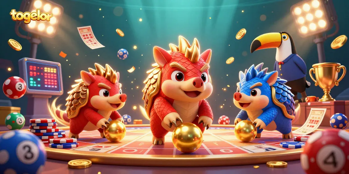 Togelon provides thrilling lottery predictions, showcasing vibrant pangolins in an energetic gaming scene.