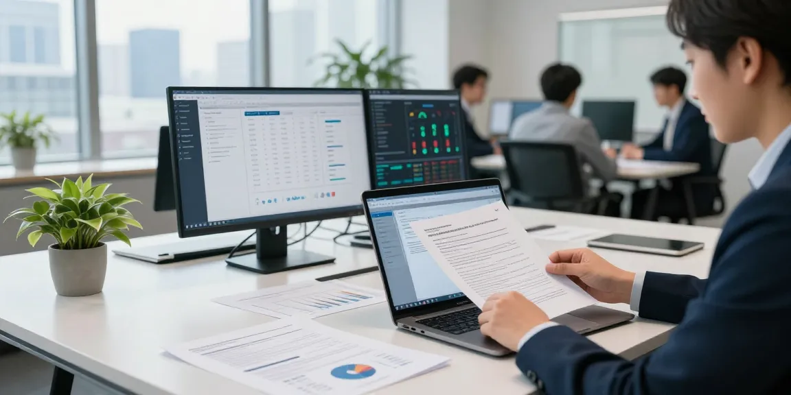 Compliance officer analyzing document fraud detection software data in a professional office setting.