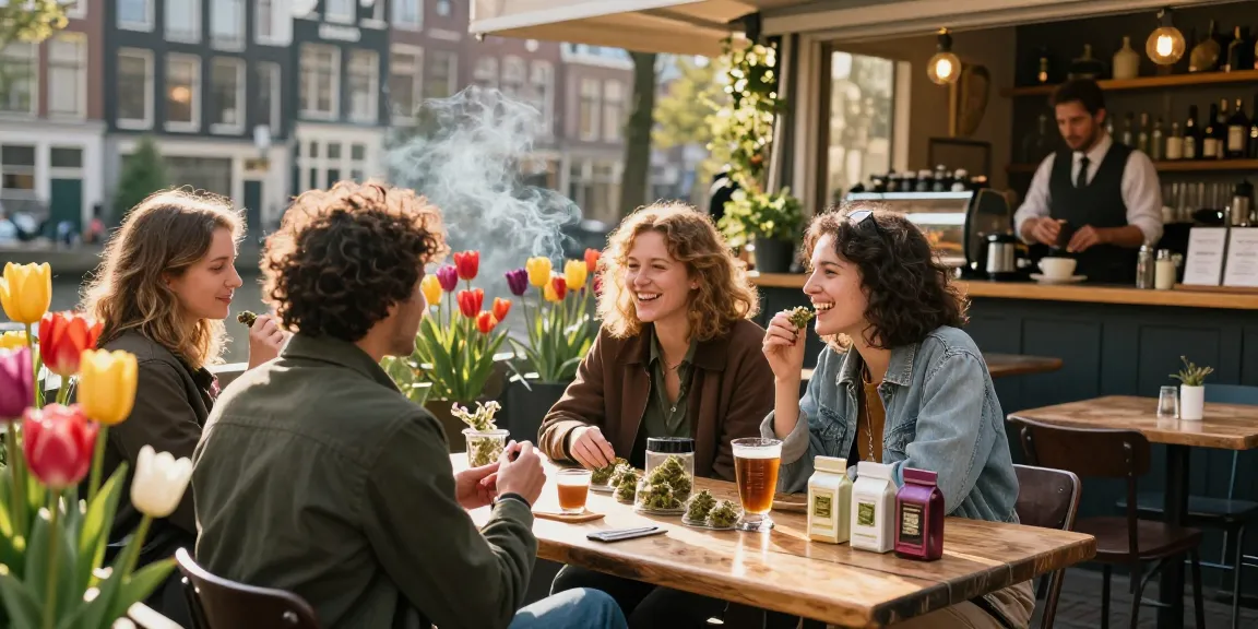 Where Can I Buy Cannabis Legally In The Netherlands? Best Guide featuring friends enjoying cannabis outdoors at a café in Amsterdam.